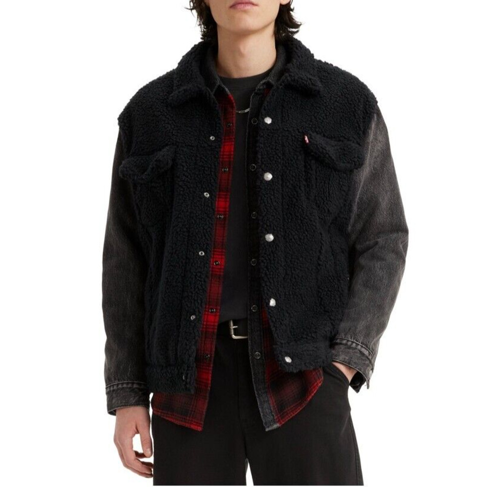 NEW Levis Mens Relaxed Fit Hybrid Trucker Jacket Black Sherpa, Denim Size Large